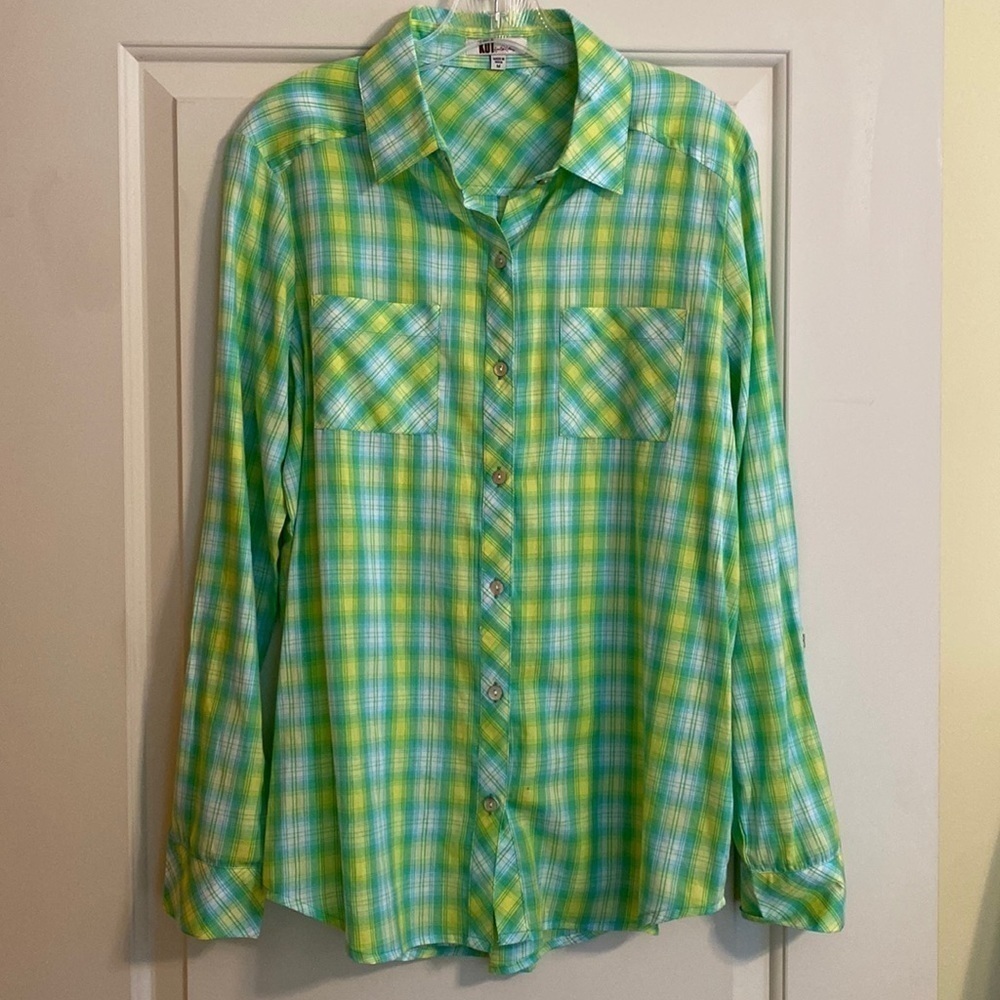 Kut from the Kloth L/S Tartan Plaid Shirt Lightweight Cotton Lime Green Yellow M